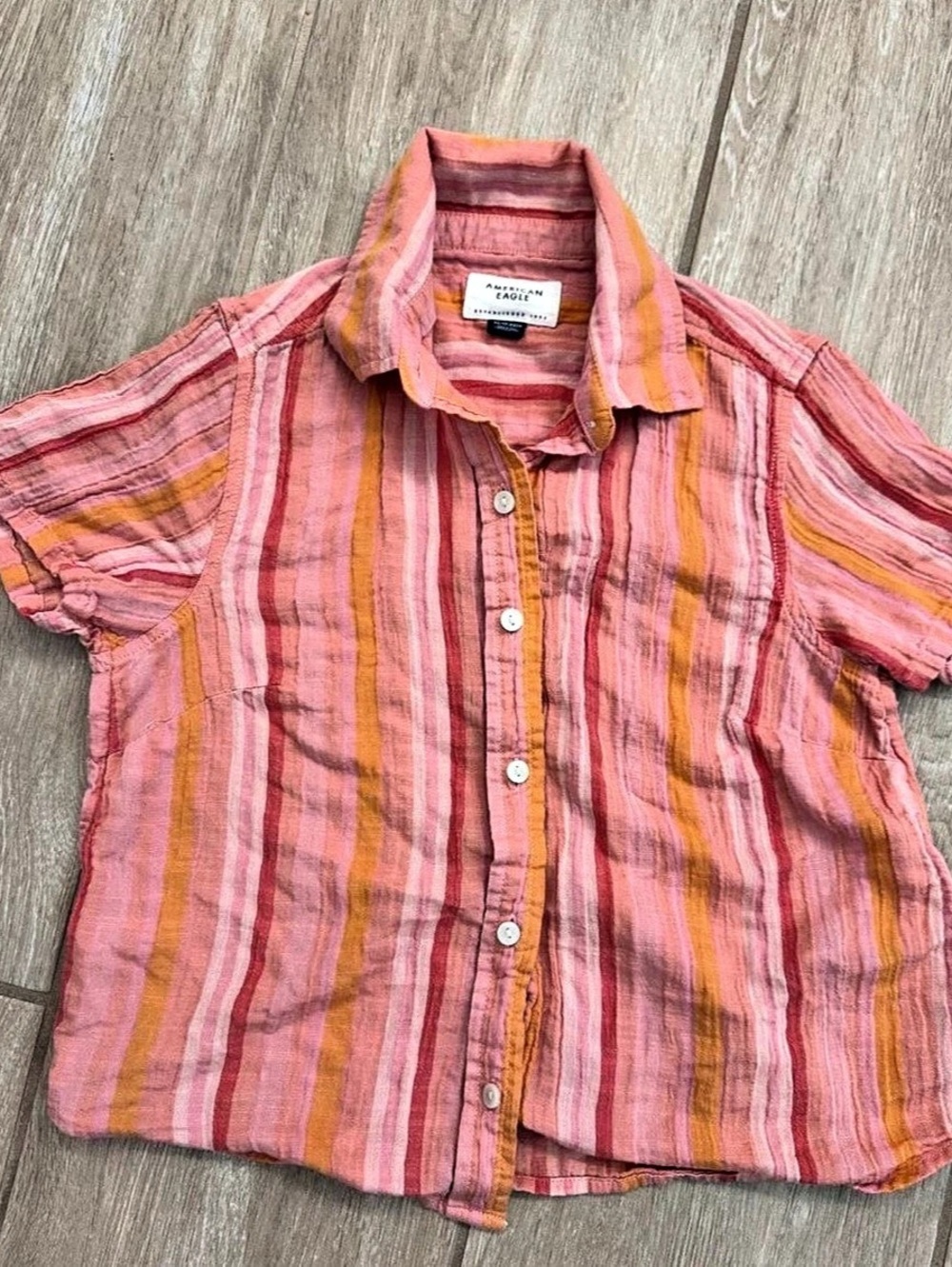 American Eagle Cropped  Striped Button Down Top Pink & Orange XS